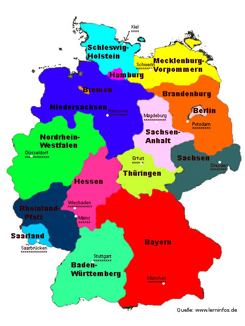 Deutschland, die 16 bundesländer, Landeshauptstädte, Nordrhein-Westfalen, Niedersachen, Bayern, Rheinland-Pfalz, Hessen, Saarland, Berlin, Brandenburg, Schleswig-Holstein, Mecklenburg-Vorpommern, Thüringen, Sachen, Sachsen-Anhalt, Bremen, Baden-Württemberg, Hamburg