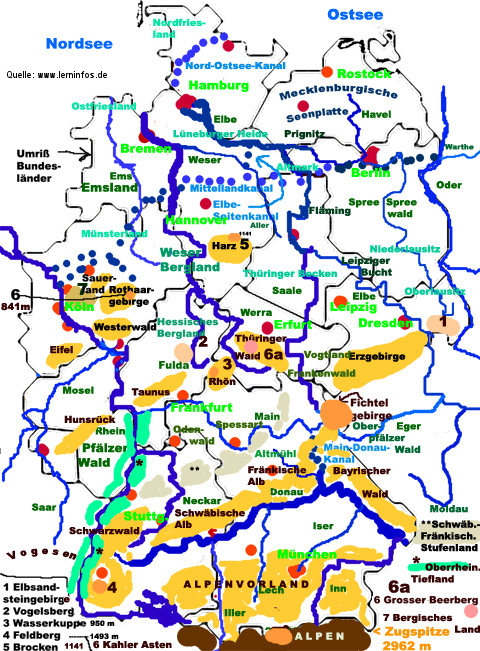 bundesländer und flüsse karte Die 16 deutschen Bundesländer mit ihren Landeshauptstädten 